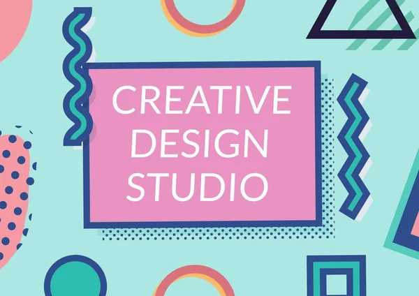 緑の背景に抽象的なカラフルな形状に対するピンクのバナー上の創造的なデザインスタジオテキスト 創造的なビジネス背景テンプレートイラストコンセプト — ストック写真