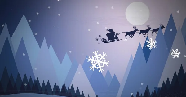 Digital Image Snowflakes Moving Black Silhouette Santa Claus Sleigh Being — Stock Photo, Image