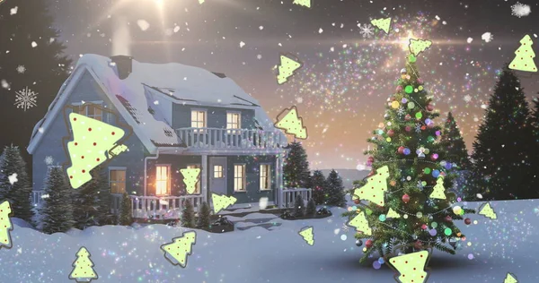 Digitální Obraz Natáčení Hvězdy Více Vánoční Strom Ikony Padající Proti — Stock fotografie