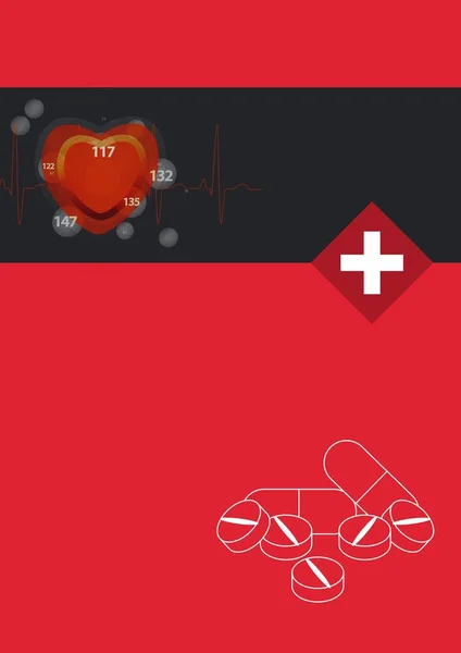 Digitales Bild Von Medizinischen Symbolen Herz Und Medikamentensymbolen Vor Rotem — Stockfoto