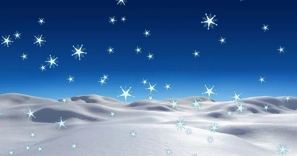 Цифровое Изображение Нескольких Звезд Падающих Зимний Пейзаж Голубом Фоне Концепция — стоковое фото