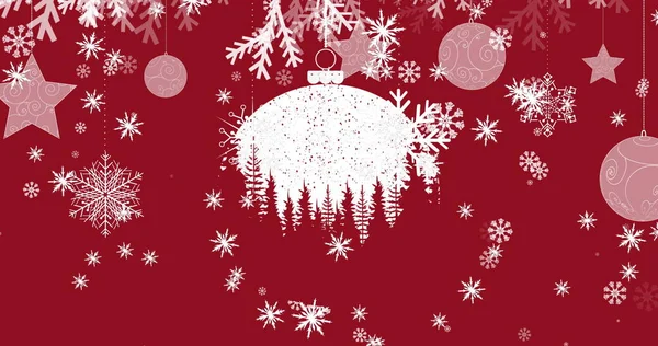 Изображение Рождественской Красно Белой Безделушки Белого Декора Падающего Красный Фон — стоковое фото
