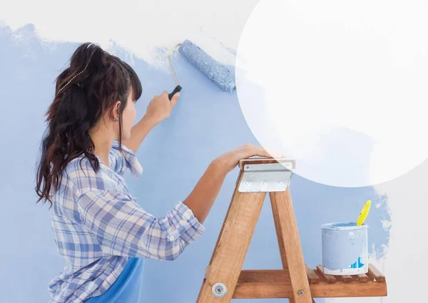 White Copy Space Woman Painting Wall Roll Brush Paint Renovation — Stock Photo, Image