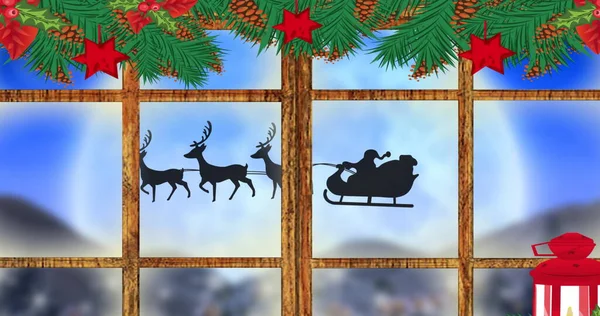 Digital Image Christmas Decoration Wooden Window Frame Black Silhouette Santa — Stock Photo, Image