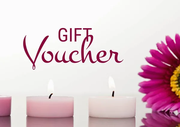 Gift Voucher Text Burning Candles Flower Gift Card Coupon Voucher — Stock Photo, Image