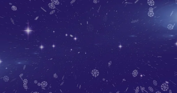 Зображення Сніжинок Падають Над Сяючим Фіолетовим Тлом Концепція Святкування Різдва — стокове фото