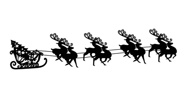 白い背景に反射者によって引っ張らされてそりでクリスマスツリーの黒いシルエットのデジタル画像 クリスマスお祝いの伝統的なコンセプト — ストック写真
