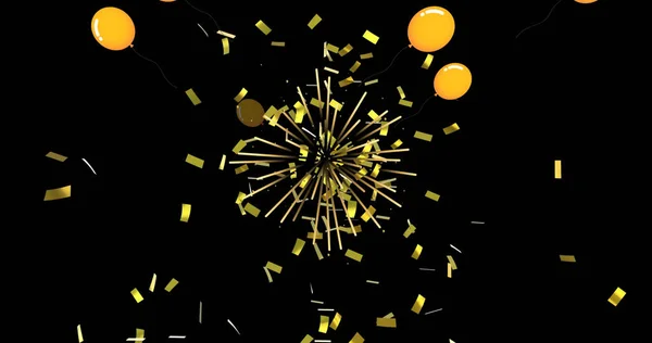 Εικόνα Από Κίτρινα Μπαλόνια Και Πυροτεχνήματα Σκούρο Φόντο Κόμμα Και — Φωτογραφία Αρχείου