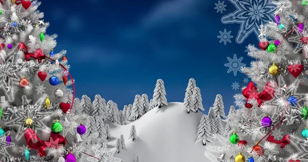 雪と青を背景にクリスマスツリーを飾る冬の風景のイメージ クリスマスシーズンのお祝いのコンセプトデジタル生成画像 — ストック写真