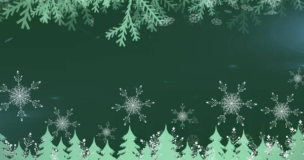 Digitaal Beeld Van Sneeuwvlokken Bewegend Meerdere Bomen Groene Achtergrond Kerstfeest — Stockfoto