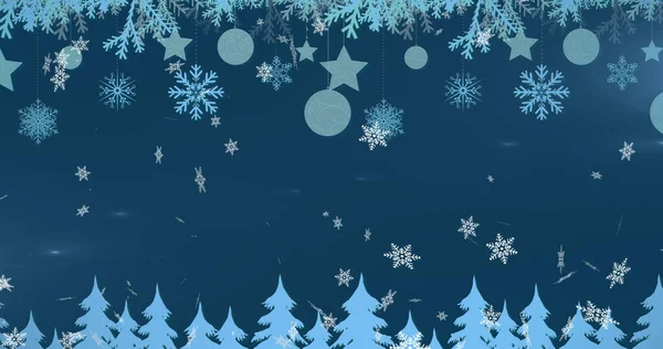 Digital Image Snowflakes Falling Christmas Decorations Hanging Multiple Trees Blue — Stock Photo, Image