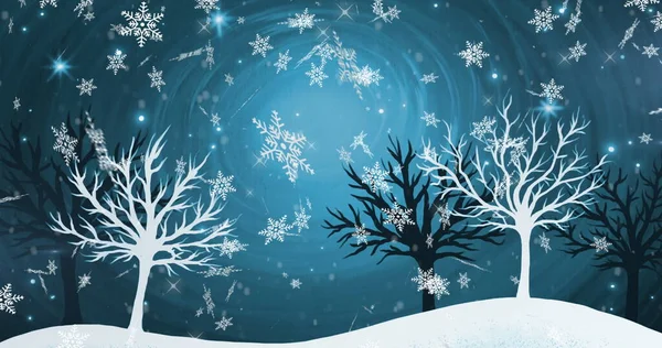 Obrázek Sněhu Padajícího Stromy Zářícím Modrém Pozadí Vánoční Slavnostní Koncept — Stock fotografie