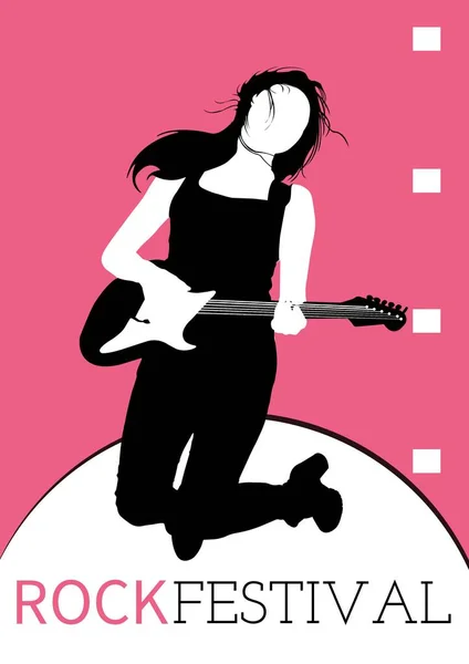 Rock Festival Text Female Musician Playing Electric Guitar Icon Pink — Stock Photo, Image