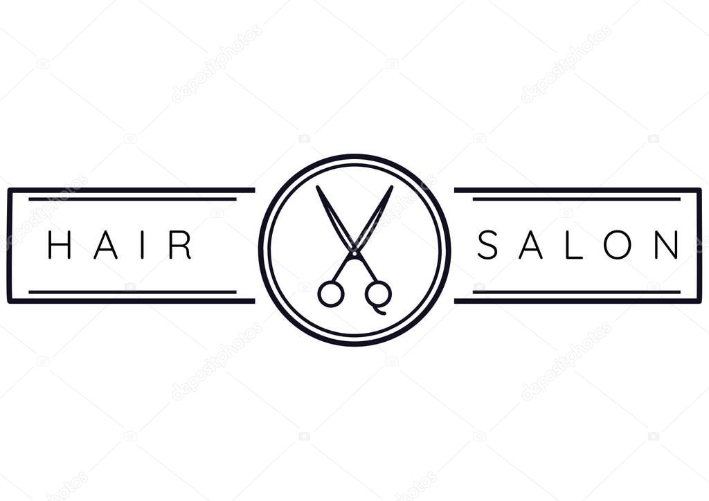 Digitally generated image of hair salon text banner with scissors icon against white background. barber shop and hair salon background template illustration concept
