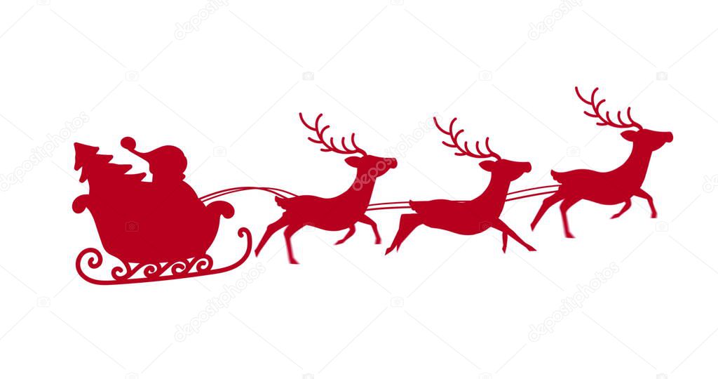Digital image of red silhouette of santa claus in sleigh being pulled by reindeers against white background. christmas festivity celebration tradition concept