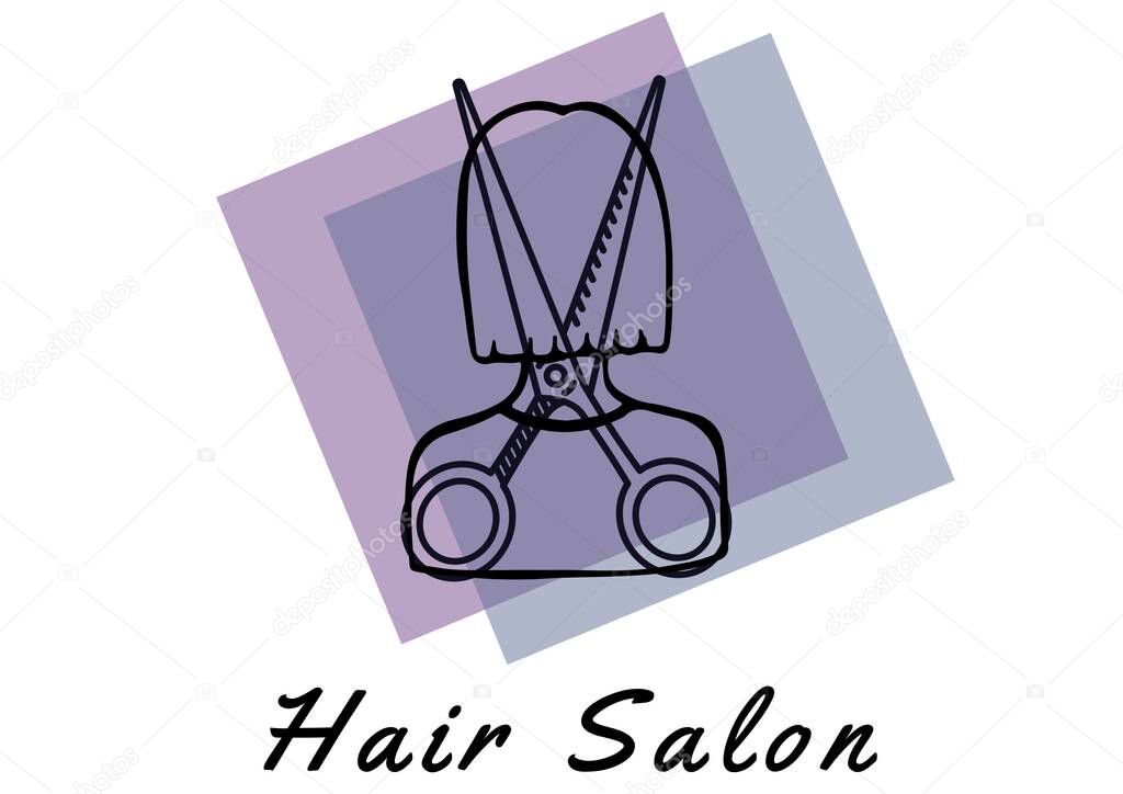 Hair salon text with scissor over a woman icons on a purple banner against white background. barber shop and hair salon background template illustration concept