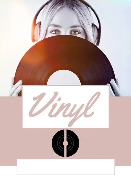 Vinyl Text Female Musician Wearing Headphones Holding Vinyl Record Grey — Stock Photo, Image