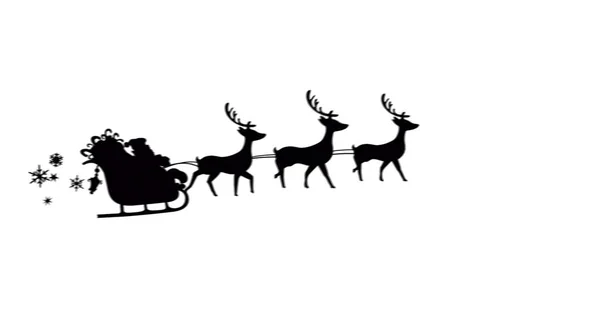 Image Black Silhouette Santa Claus Sleigh Being Pulled Reindeer White — Stock Photo, Image