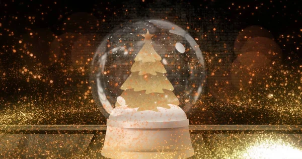 Digital Image Shooting Stars Moving Christmas Tree Snow Globe Wooden — Stock Photo, Image