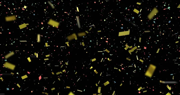 Image of gold and colourful confetti falling on black background. celebration, tradition and event concept digitally generated image.