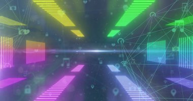 Neon tünel arka planındaki bağlantı ağının resmi. resim oyunu ve eğlence konsepti dijital olarak oluşturuldu.