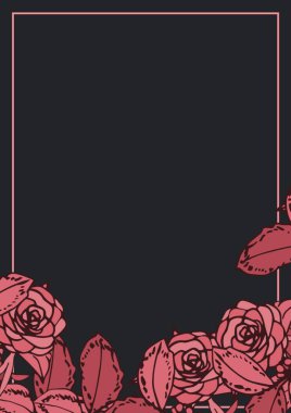 Siyah arkaplanda kopya alanı olan kırmızı çiçekli tasarımların dijital olarak oluşturulmuş görüntüsü. davetiye kartı arkaplan şablonu resimleme kavramı