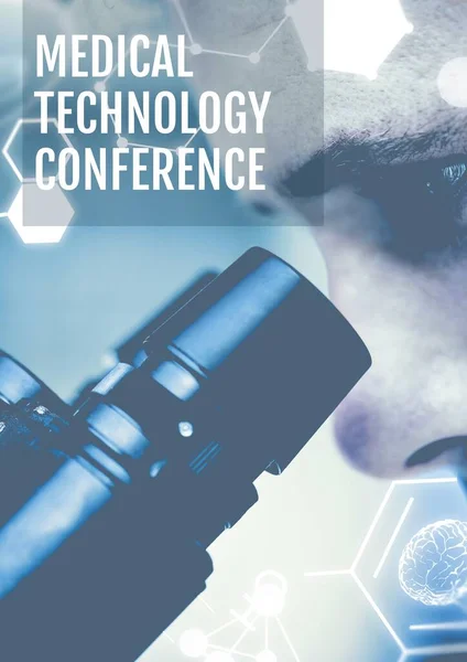 顕微鏡を使用した男性の健康労働者の閉鎖に対する医療技術会議のテキスト ビジネス背景テンプレートイラストコンセプト — ストック写真