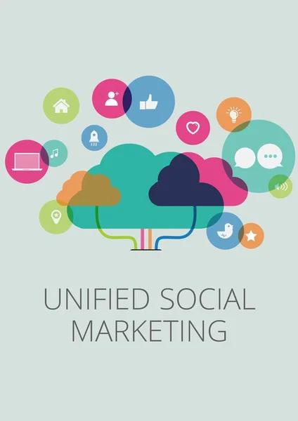 Texto Marketing Social Unificado Contra Nuvem Vários Ícones Digitais Fundo — Fotografia de Stock