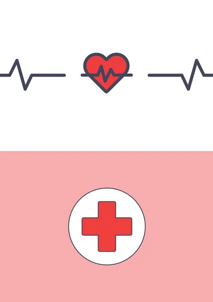 白とピンクの背景に対してハートビートと医療シンボルのデジタル生成画像 医療背景図の概念 — ストック写真