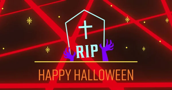 Imagem Neon Halloween Saudações Texto Com Gravestone Padrão Néon Medo — Fotografia de Stock