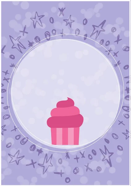 Icono Cupcake Banner Redondo Contra Formas Abstractas Sobre Fondo Púrpura — Foto de Stock