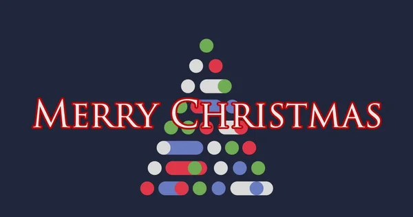 Imagem Texto Feliz Natal Sobre Uma Árvore Natal Feita Círculos — Fotografia de Stock
