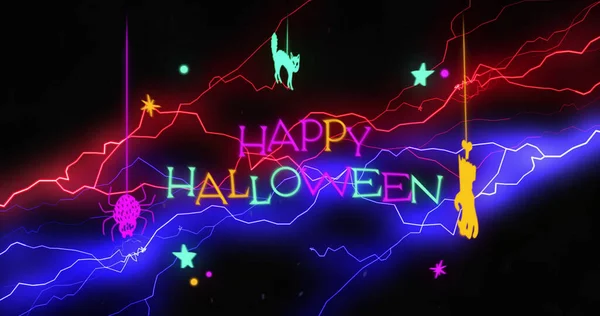 Imagem Neon Halloween Saudações Texto Com Gato Neon Padrão Medo — Fotografia de Stock