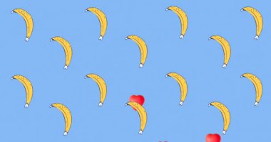 Muz ve kalp animasyonu mavi arka planda tekrarlandı. doğa, desen, renk ve hareket konsepti dijital olarak oluşturulmuş video.