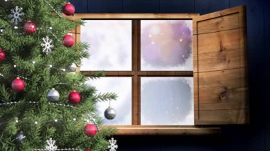 Noel ağacı ve ahşap pencere çerçevesi Noel Baba 'ya karşı kızakta ren geyikleri tarafından çekiliyor. Noel şenliği ve kutlama konsepti