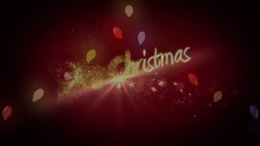 Mutlu noel mesajlarının dijital animasyonu ve peri ışıkları ve ışık lekesi üzerine parlayan yıldızlar. Noel şenliği ve kutlama konsepti