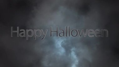 Fırtınalı gökyüzünde cadılar bayramının animasyonu. Cadılar bayramı geleneği ve dijital olarak oluşturulan kutlama konsepti.