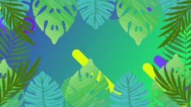Yeşil arka plandaki şekillerin üzerindeki yeşil tropikal bitkilerin animasyonu. doğa, desen, renk ve hareket konsepti dijital olarak oluşturulmuş video.