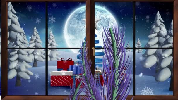 Animación Nieve Cayendo Sobre Ramas Abeto Regalos Luna Vista Través — Vídeo de stock