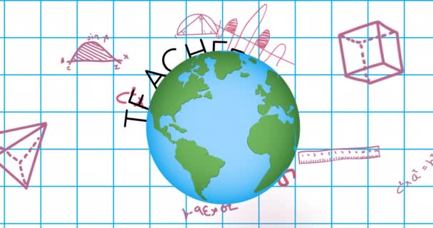 教師のアニメーション白地に学校のアイテムの上に一日のテキストや回転世界 教育の概念デジタルで生成されたビデオ — ストック動画