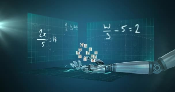 商人的全球网络通过机器人的手与屏幕的数学方程 人工智能和未来主义技术概念 — 图库视频影像