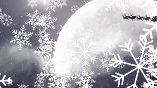 Νιφάδες Χιονιού Πέφτουν Πάνω Από Τον Γιο Βασίλη Έλκηθρο Τραβιούνται — Αρχείο Βίντεο