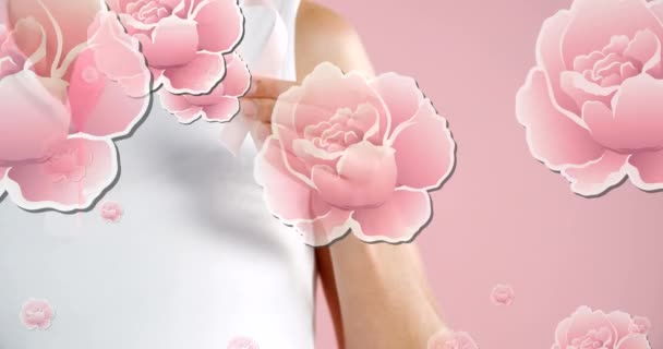 Animace Růžových Růží Vznášejících Nad Rukama Ženy Držící Stužku Rakovinou — Stock video