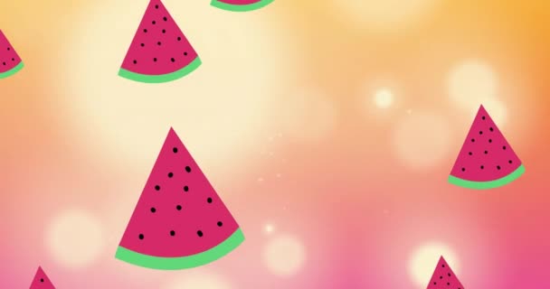 Animation Einer Wassermelone Über Hellen Flecken Auf Orangefarbenem Hintergrund Natur — Stockvideo