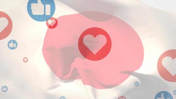 Composition Numérique Multiples Icônes Similaires Cardiaques Flottant Contre Drapeau Japonais — Video