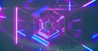 Arka plandaki neon pembe ve mavi tünelin üzerindeki satılık neon metnin resmi. Retro perakende ve tasarruf konsepti dijital olarak oluşturuldu.