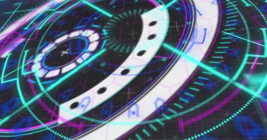 Siyah arka planda parlayan neon yuvarlak tarayıcının dijital görüntüsü. bilgisayar arayüzü ve teknoloji kavramı