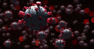 Arka planda yanıp sönen kırmızı ışıkta hareket eden 19 hücrenin görüntüsü. Noel zamanı covid 19 koronavirüs salgını sırasında dijital olarak üretilen görüntü.