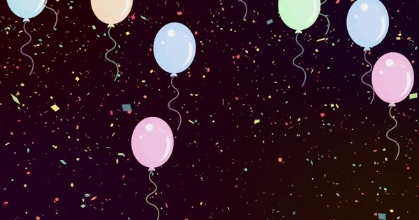 Afbeelding Van Meerdere Kleurrijke Ballonnen Vliegen Kleurrijke Confetti Vallen Feest — Stockfoto
