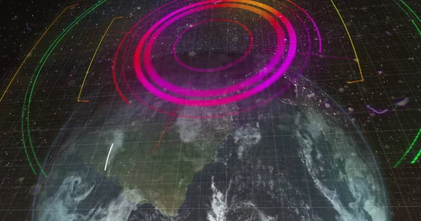 Scanner Rotondo Neon Rete Griglia Contro Globo Rotante Sfondo Nero — Foto Stock